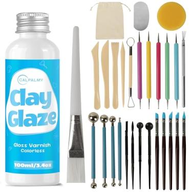 Imagem de CALPALMY Kit de ferramentas de argila seca a ar brilhante de 100 ml com 29 peças – Selante de verniz de argila para proteção de superfície, ferramentas de cerâmica e escultura para esculpir, modelar e