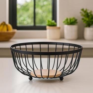 Imagem de Fruteira de Ferro com Detalhes em Madeira – Aramado Decorativo, Organizador de Frutas para Cozinha e Mesa (REDONDA FERRO E MDF 25X25CM)