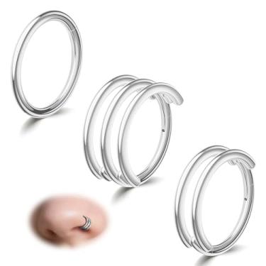 Imagem de davka Conjunto de 3 argolas de nariz prateadas 18G - simples, duplas e triplas - Aço hipoalergênico 316L para mulheres e homens, clique articulado para narina/septo/hélice/piercings de cartilagem