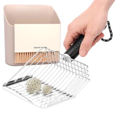 Imagem de Kit de colher de areia para gatos de aço inoxidável com vassoura pequena e pá de lixo versátil, adequado para resíduos de areia de terrário de répteis (preto, barras)