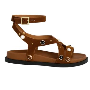 Imagem de Sandália Papete Feminina Gladiadora Suede Napa Tiras Enfeite Meia Esfera Fivela Confortável Moda (Marrom, BR, Adulto, Numérico, 35)