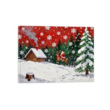 Imagem de Pinturas em tela Natal-Quadros Decoração de Parede-Cabana veado árvore floresta-Inverno Paisagens Impressões para Sala de Estar 60x80cm Tela Embrulhada