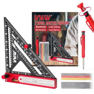 Imagem de VNW Esquadro de Viga 6 Em 1 com Lápis de Carpinteiro, Esquadro de Viga de 7 Pol., Ferramentas de Carpinteiro Multiuso: Esquadro, Transferidor, Régua de Aço de Precisão de 1/16", Me(Com Lápis Vermelho)