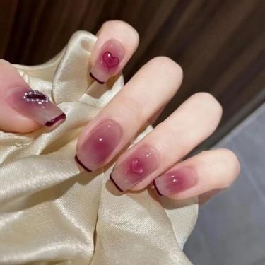 Imagem de Kit de unhas de pressão curto médio quadrado francês vermelho falso conjunto de unhas com design de coração simples cobertura completa bastão falso artificial em unha de acrílico para mulheres 24