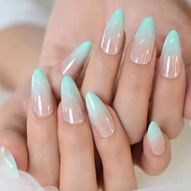 Imagem de Unhas postiças verdes ombré metálico brilhante estilo claro moo amêndoa gradiente prensa nas unhas manicure longo design pontas francesas 24 peças