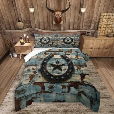 Imagem de Feelyou Conjunto de edredom asteca ocidental com estrela do oeste do Texas para meninos e meninas, crianças, ferraduras, rústico, caubói, tribal, vintage, casa de fazenda, conjunto de cama macio, 3