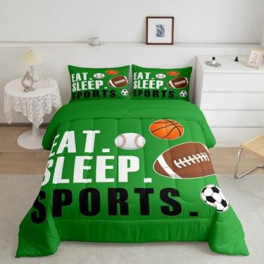 Imagem de Conjunto de edredom esportivo de tamanho completo, para meninos e meninas, presente ultramacio, futebol, basquete, beisebol, respirável, leve, microfibra, bola verde, decoração de quarto de jogos