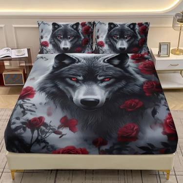 Imagem de AILONEN Jogo de lençol solteiro 3D, lobo preto, animal selvagem, rosa, vermelho óleo, floresta misteriosa, 1 bolso profundo com 2 fronhas, microfibra macia