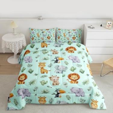 Imagem de Feelyou Conjunto de edredom fofo de animais para todas as estações, desenho animado de leão, girafa, com 1 fronha, natureza, vida selvagem, microfibra, roupa de cama de solteiro, zoológico, respirável