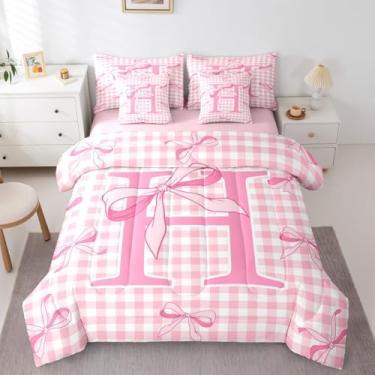 Imagem de Feelyou Conjunto de edredom com laço xadrez rosa, 7 peças, solteiro, para meninas, com laço fofo, para crianças, meninos, meninas, decoração de quarto
