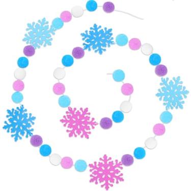 Imagem de JarThenaAMCS Faixa de feltro de inverno de 2,5 m, guirlanda pendurada, azul, roxo, floco de neve, pompom, bandeira, para Natal, férias, casa, cornija, parede, janela, decoração de festa