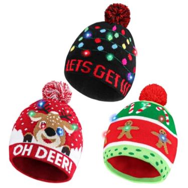 Imagem de Blowata 3 peças de chapéu de Natal com 6 luzes de LED, 3 modos de piscar que acendem o gorro de Natal, chapéus de Papai Noel de malha iluminados com estampa fofa, perfeitos para acessórios de Natal