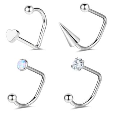Imagem de BodyAce 4 anéis de nariz em forma de U, brincos de 16 g, para mulheres, homens, anéis labiais roscados internamente Daith piercing 316L aço cirúrgico hélice joias, Aço inoxidável Zircônia cúbica