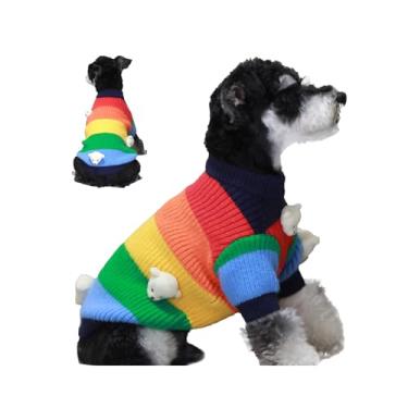 Imagem de LUVMOJO Suéter aconchegante para cachorro arco-íris com decorações fofas de urso polar de pelúcia – malha quente de inverno para cães pequenos e médios – roupas elegantes e coloridas para animais de