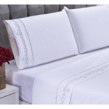 Imagem de Jogo Lençol Imperial Quarto Casal King Bordado 4 Peças 2fronha Cor: Branco Com Cinza
