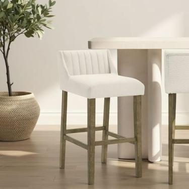 Imagem de Fauna – Banqueta moderna de transição de madeira para bar de cozinha com acabamento marrom e assento estofado de tecido branco