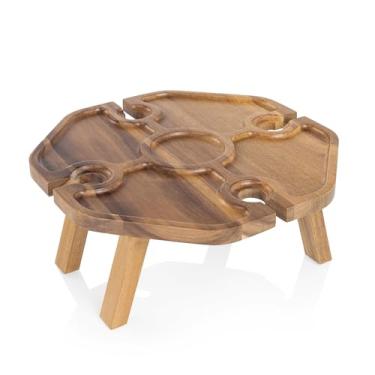 Imagem de Picnic TIME Mesavino Mesa de piquenique de vinho para charcutaria, mesa dobrável portátil com 4 suportes para taças de vinho, feita de bela madeira de acácia com seções esculpidas (madeira de acácia)