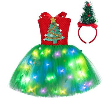 Imagem de Lindo vestido de tule de malha para meninas com luz LED e conjunto de faixa de cabeça, roupa de festa, fantasia infantil para cosplay de árvore de Natal, Verde, 2-3 Anos
