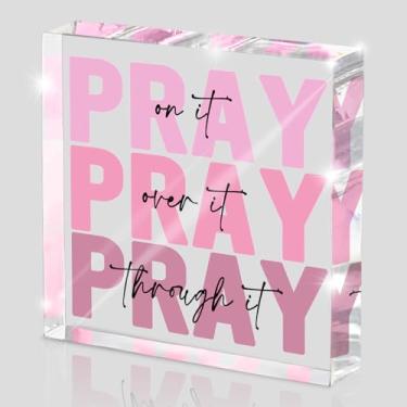 Imagem de Decoração inspiradora rosa Pray Over It Versículo da Bíblia Arte de Parede Presentes Cristãos para Mulheres, 10 x 10 cm Acessórios de Mesa de Escritório Placa de Decoração, Rosa Decoração de