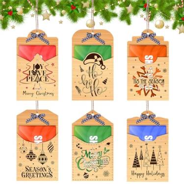 Imagem de Capoda Pacote com 12 porta-cartões de Natal de madeira, ornamentos para pendurar dinheiro para árvore, enfeites de meia e lembrancinhas de festa, serve para vales-presente padrão, decoração festiva de