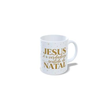 Imagem de Caneca Natalina de Cerâmica, Sagrada Família, Branca, 325ml, com Mensagem sobre o natal, e imagens de Jesus, Maria e José (23171)