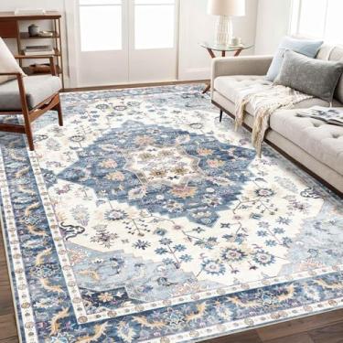 Imagem de Enkor Tapetes macios de área, 12 x 18 cm, lavável, antiderrapante, boho, para sala de estar, quarto, estilo vintage, tapete de casa de fazenda para entrada de cozinha, azul e branco