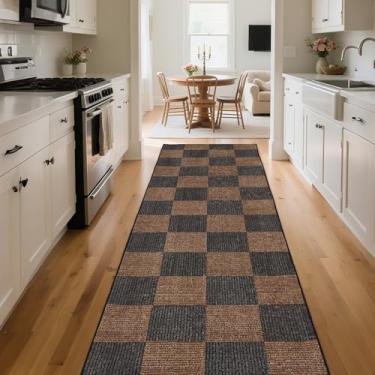 Imagem de Tapete de corredor para corredores, tapete quadriculado de 5 x 15 cm, preto e marrom, tapete interno leve de pilha baixa com suporte antiderrapante para quarto, sala de aula, sala de jogos, crianças