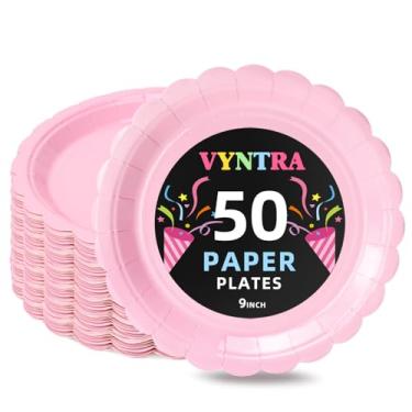 Imagem de Vyntra Pratos de papel descartáveis rosa 23 cm, pacote com 50 – Pratos de jantar resistentes, resistentes a vazamentos e gordura para refeições, chá de bebê, aniversário, piquenique, churrasco
