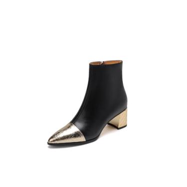 Imagem de TinaCus Bota feminina de couro legítimo de dois tons de bico fino Handamde salto grosso com zíper lateral, Dourado, 40