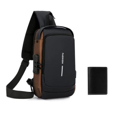 Imagem de Bolsa tiracolo antirroubo com mini carteira - bolsa de ombro transversal de couro PU - Bolsa de peito impermeável USB, Preto, dourado, Small, Casual