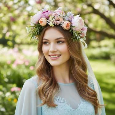 Imagem de Tiara floral ajustável com coroa de flores, guirlanda de cabelo, auréola de flores, tiara floral com fita para mulheres e meninas