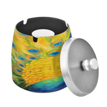 Imagem de Blueangle Cinzeiro de pintura a óleo de pavão com tampa para cigarros, à prova de vento/chuva, aço inoxidável, sem fumaça, inodoro, cinzeiro para uso interno ou externo (188)