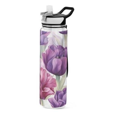 Imagem de ATTX Garrafa de água de tulipa roxa, 947 ml, à prova de vazamento e livre de BPA, garrafas de água reutilizáveis de plástico Tritan para viagens, academia, corrida, fitness #306