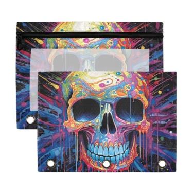 Imagem de Blueangle Bolsa de lápis de caveira colorida para fichário de 3 anéis, pacote com 2 bolsas de lápis com janela transparente com zíper para escritório (394)