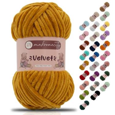 Imagem de Makromecity Fio de veludo 100 g (3,5 oz) / 120 m (132 jardas) fio de chenille premium 100% poliéster, ultra macio, antibolinhas, lavável na máquina, 30 cores para tricô e crochê (mostarda, 1 novelo)