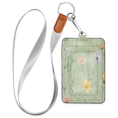 Imagem de SEHANY Porta-crachá de couro de flores silvestres verdes com cordão, porta-crachá de identificação com 1 janela transparente para identidade e 2 compartimentos para cartão para funcionários de