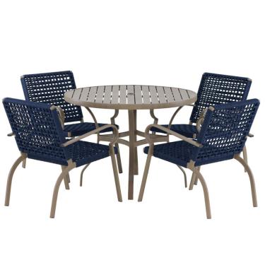 Imagem de Kit 4 Cadeiras Corda Náutica E Mesa Tampo Ripado Varanda Azul Marinho