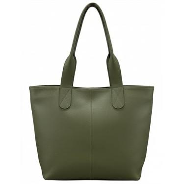 Imagem de Bolsa Feminina Grande Ombro Mão Couro Legítimo Bolsa Tote Grande de Couro Legítimo com Alça de Ombro, Estilo Casual, Chique (Verde)