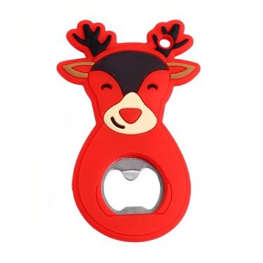 Imagem de Pacote com 4 abridores de garrafas com tema natalino - Removedores magnéticos decorativos de tampas de cerveja, ímãs de geladeira festivos para festas de fim de ano, bar e cozinha (em forma de cervo)