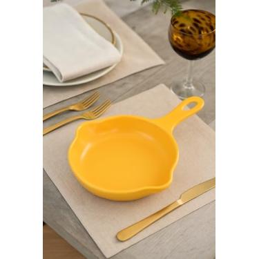 Imagem de Travessa Cerâmica Formato Frigideira Individual 18x13cm para Porções Petiscos Molhos Refeições Mini Assadeira Decorativa Cozinha Criativa Cores Sortidas Gourmet Resistente Forno (AMARELLA)