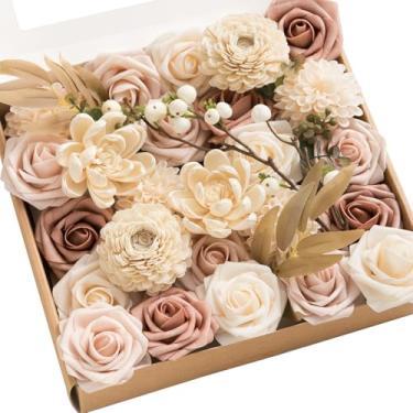 Imagem de Ling's Moment Combo de flores artificiais de rosas empoeiradas naturais para buquês de casamento, arranjos de mesa, festas, chás de bebê, decorações de casa