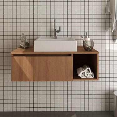 Imagem de Balcão Gabinete Suspenso Armário Sem Cuba 80 cm 1 Porta 1 Nicho Lateral Para Banheiro Marrom Madeira