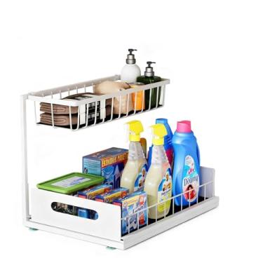 Imagem de UINOFLE Organizadores e armazenamento sob a pia, organizador de cesta de armário deslizante de 2 camadas organizador de armário multifuncional sob a pia para banheiro cozinha (branco)