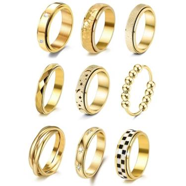 Imagem de FEYIR 9 Pcs Fidget Anxiety Rings for Women Men Stainless Steel Spinner Anti Anxiety Ring Spinning CZ Band Beaded Checkered Ring Stress Relieveing Rings Set