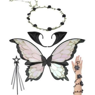 Imagem de RENEMEGO Conjunto de fantasia de asas de fada - 5 peças, coroa de flores, orelhas de elfo, asas de borboleta, braço de flor, varinha de elfo, fantasia de Halloween, Preto, One Size