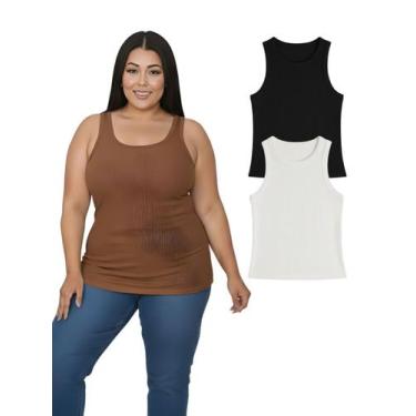 Imagem de Kit Com 2 Regatas Ribana Feminina Plus Size Cor:Preto+BrancoTamanho:Ún