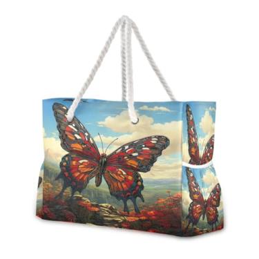 Imagem de Wassud Bolsa de praia borboleta vermelha grande bolsa de praia para mulheres, impermeável, à prova de areia, bolsa de viagem com zíper e bolso para piscina academia acampamento