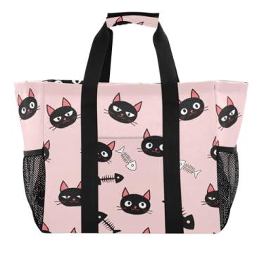 Imagem de Wassud Tulipas gato e peixe esqueletos reutilizáveis sacola grande bolsa de lona impermeável organizador para praia, piquenique, lavanderia, viagem