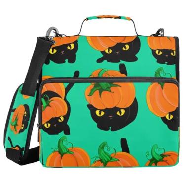 Imagem de STAYTOP Fichário escolar de abóbora e gato preto com alça de ombro, anéis de vedação de 3,8 cm, capacidade para 600 folhas, pasta de arquivos expansível, vários bolsos e organizador de armazenamento