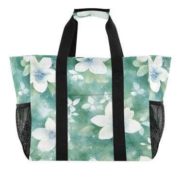 Imagem de Wassud Sacolas de compras reutilizáveis florais brancas e verdes grande bolsa organizadora de lona impermeável para praia, piquenique, lavanderia, viagem